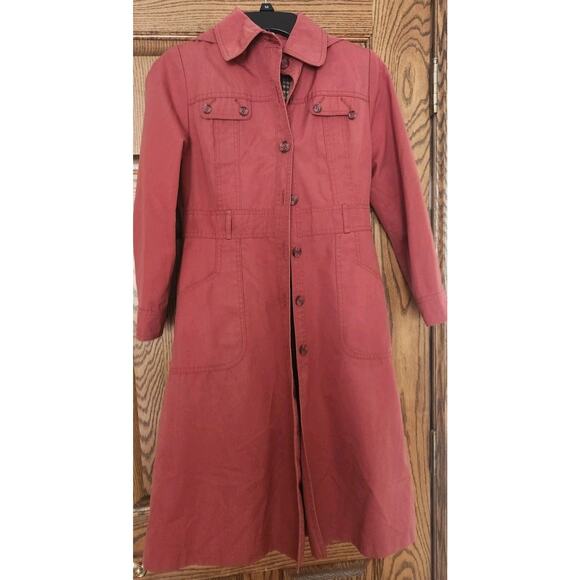 Vintage 80s Retro Dusty Rose Pink Plaid Lined Midi Trench Coat w/ Over-Vest PS - Picture 1 of 12